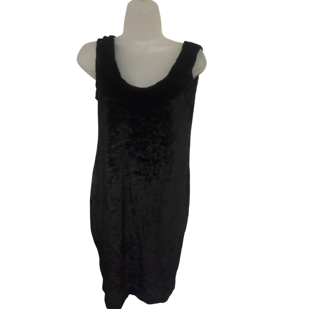 Vintage Sara Mique New York 90s Black Crushed Velvet Sleeveless Scoop Neck Dress